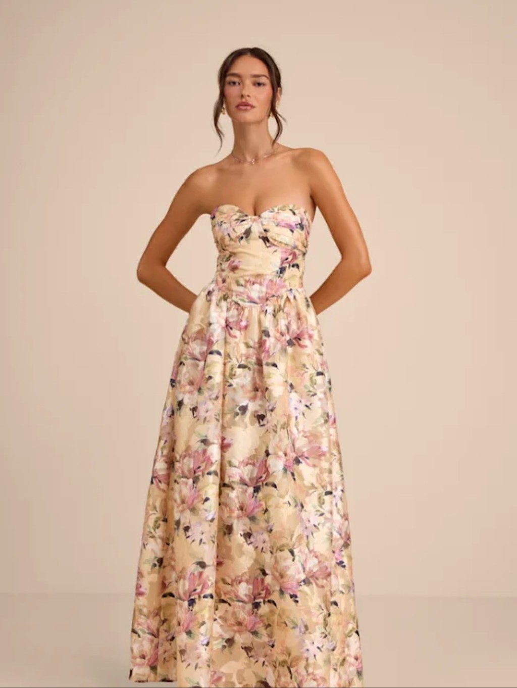 Kathani Light Yellow Floral Jacquard Bustier Maxi Dresslulus